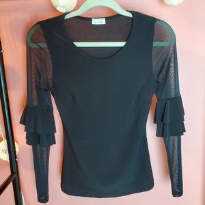 Y2K Black Top with Sheer Sleeves and Ruffles